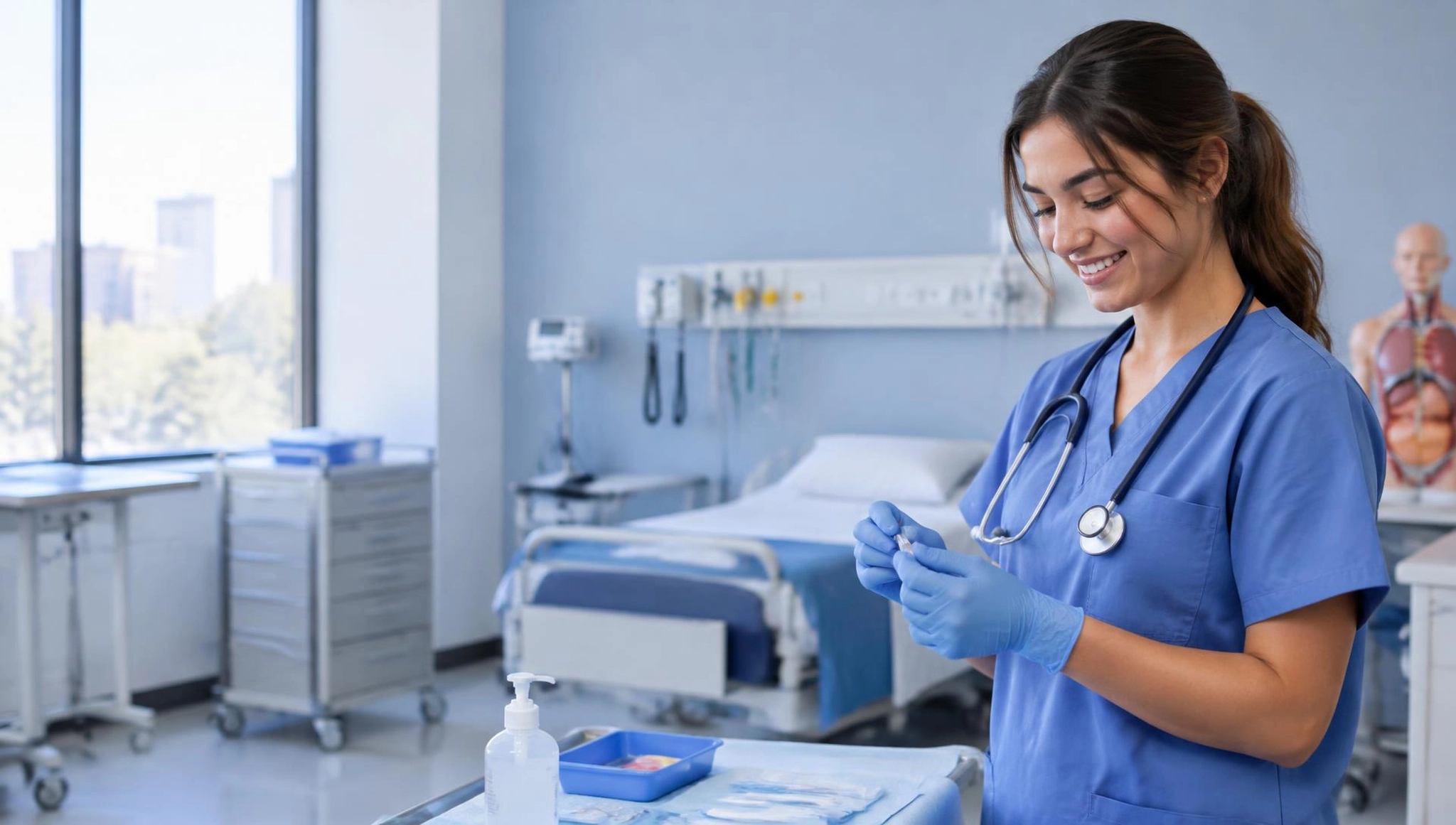Alumna de enfermería practicando en un aula sanitaria
